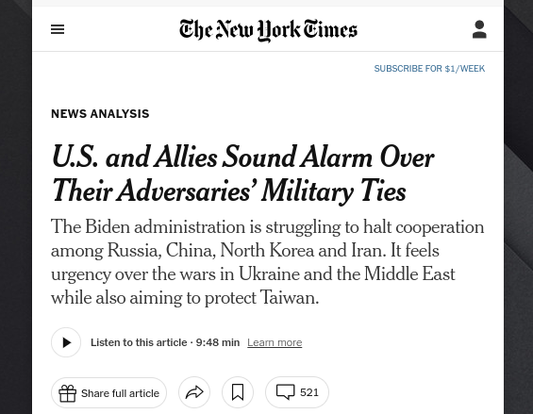 The U.S. & our Allies are sounding the alarm about the increasing military cooperation between Russia, China, North Korea & Iran, our adversaries - published 10/5/2024